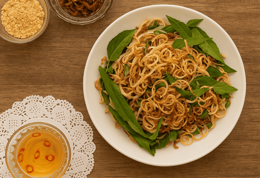 Banana flower salad with harmonious sweet, sour, salty, and spicy flavors, crunchy banana flowers mixed with herbs, creating a unique and attractive flavor